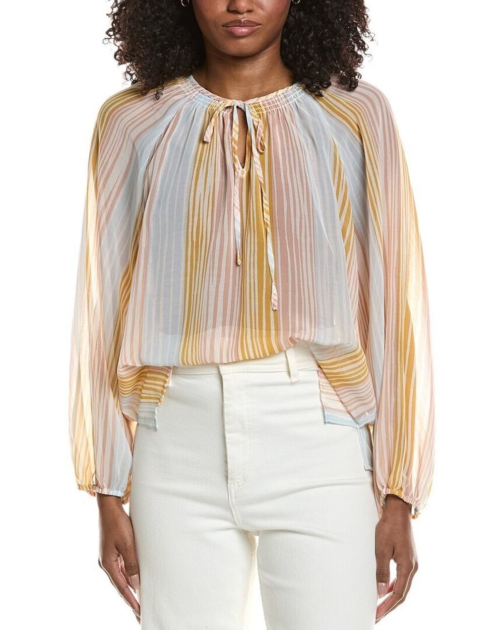 Vince Camuto Women's Shirring Peasant Tie V-Neck Blouse Multi Size M 4007